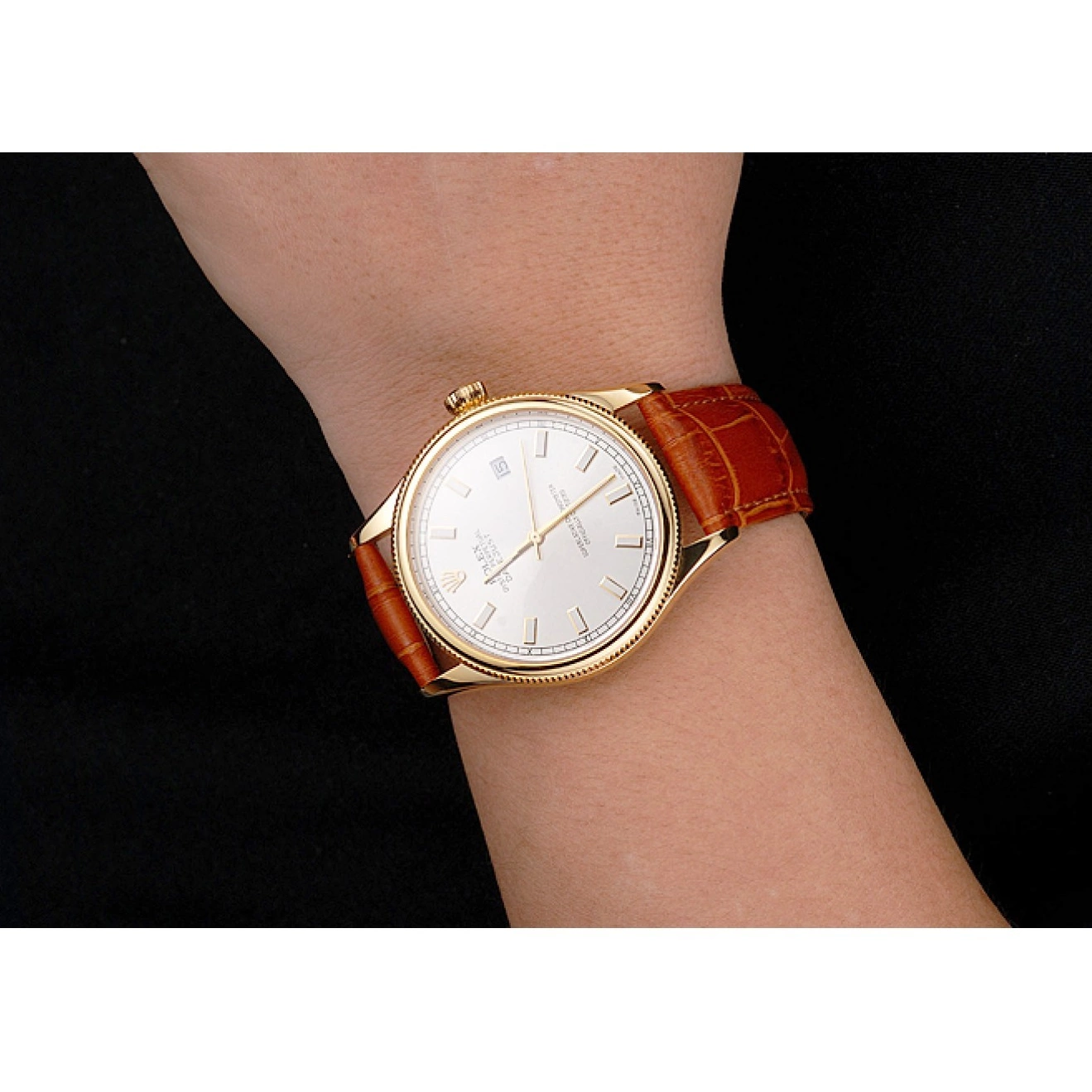 Aaa replica watch Strap Rolex Brown Dial Leather Datejust Swiss Gold Case White Light 0724